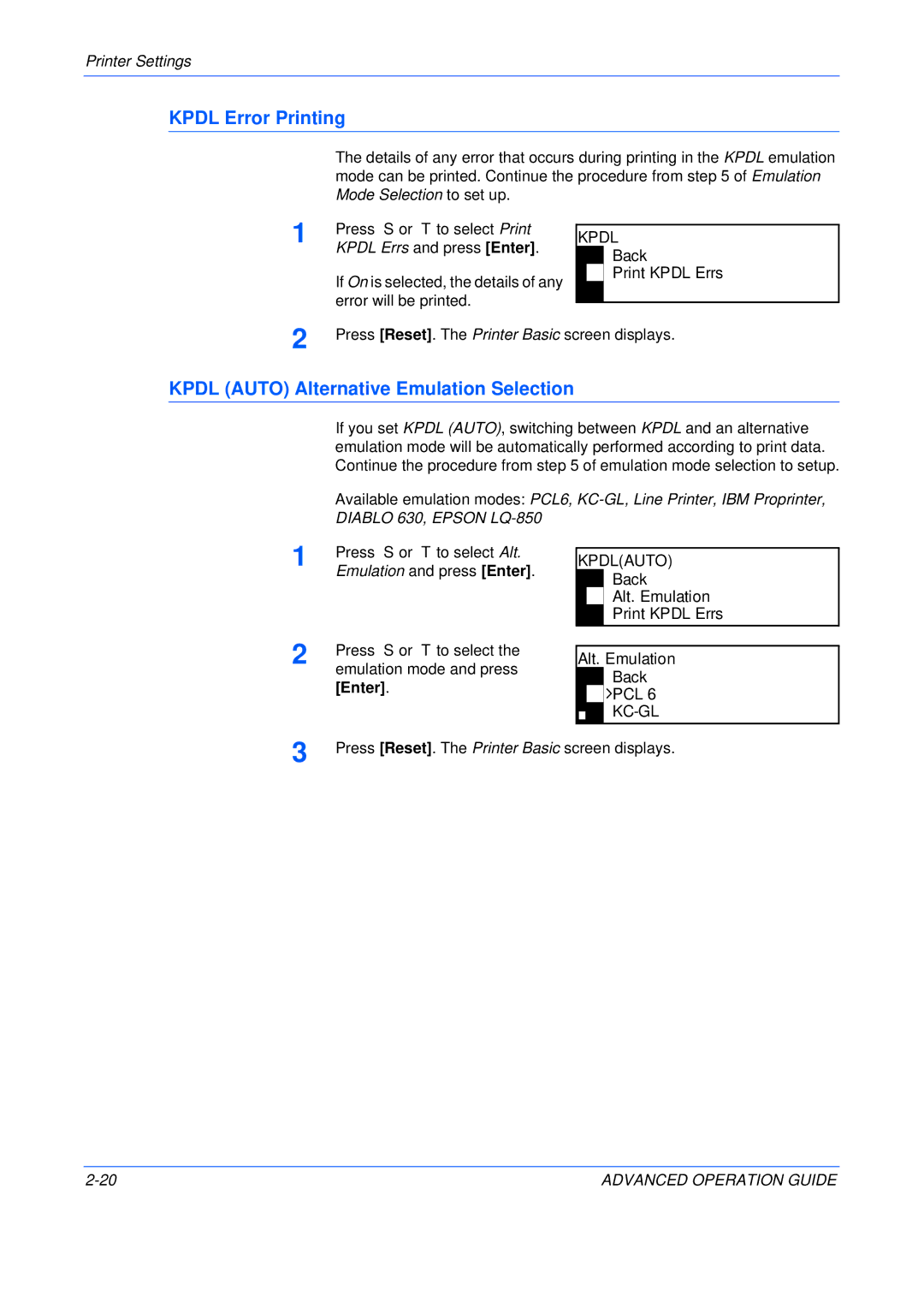 Epson KM-2050, KM-1650, KM-2550 manual Kpdl Error Printing, Kpdl Auto Alternative Emulation Selection, Back Print Kpdl Errs 