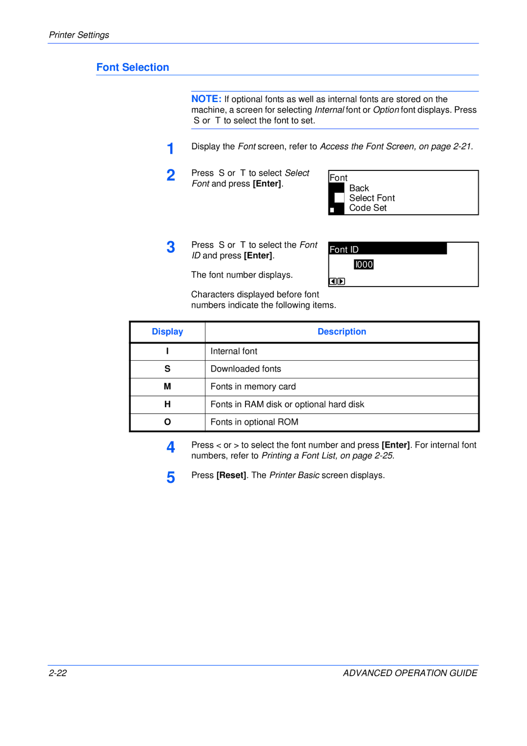 Epson KM-2550 manual Font Selection, Font Back Select Font Code Set FontSelectIDFont, I000 Detail, Display Description 