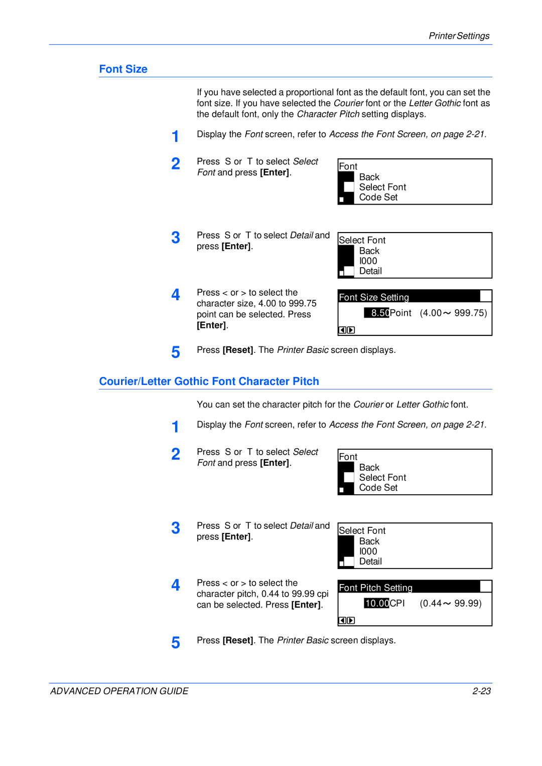 Epson KM-2050, KM-1650 manual Courier/Letter Gothic Font Character Pitch, Font Size Setting, Font Pitch Setting, 10.00 