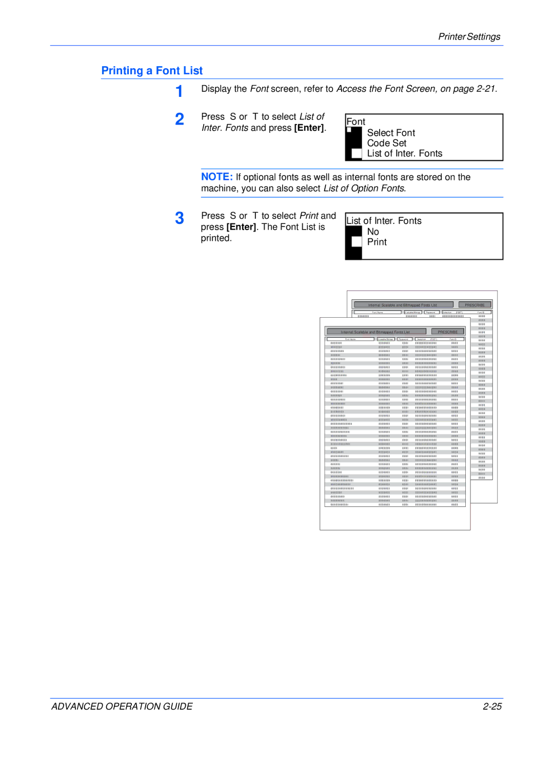 Epson KM-2550, KM-2050 Printing a Font List, Font Select Font Code Set List of Inter. Fonts, List of Inter. Fonts Print 