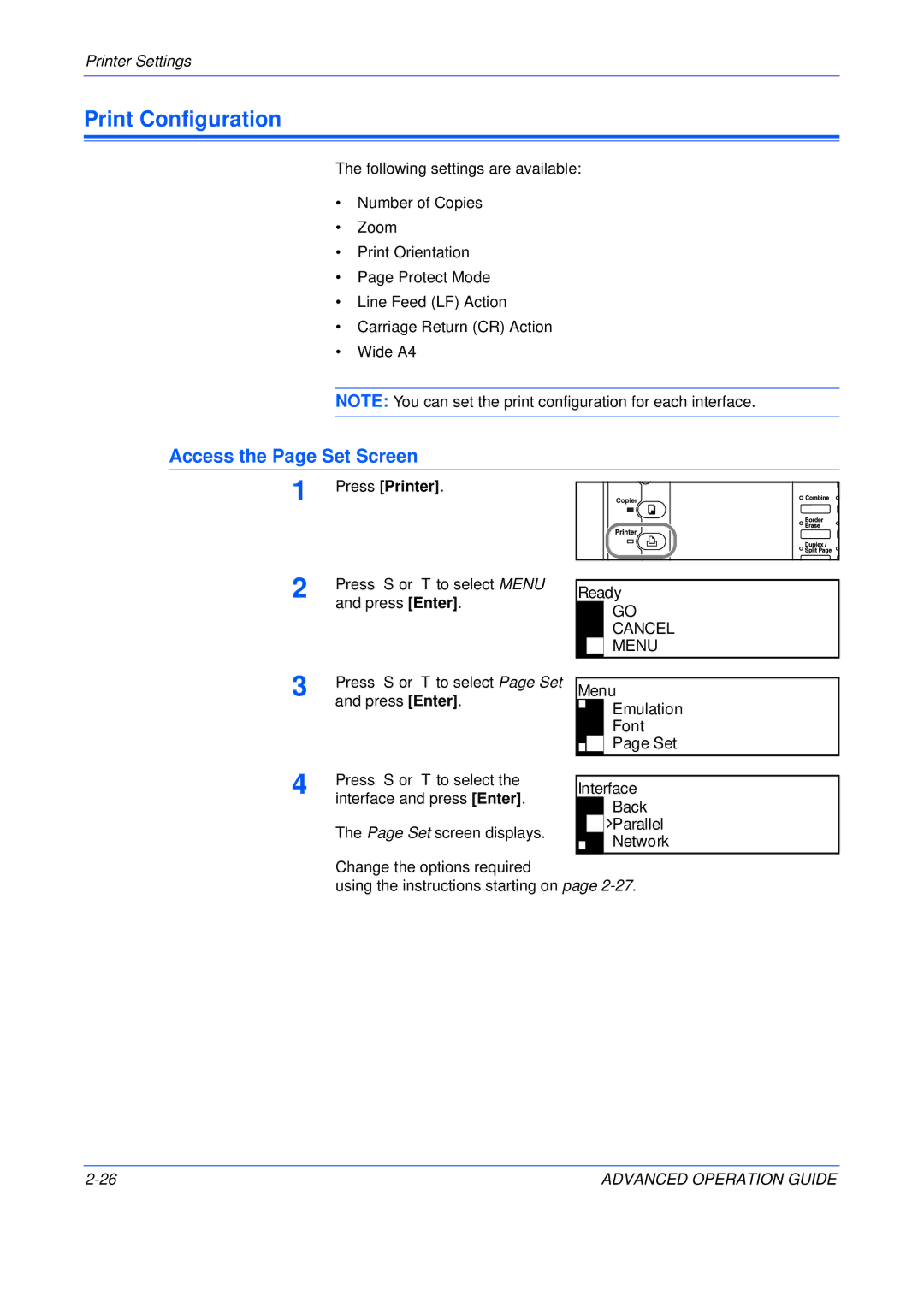 Epson KM-2050, KM-1650, KM-2550 manual Print Configuration, Access the Page Set Screen, Menu Emulation Font Set 