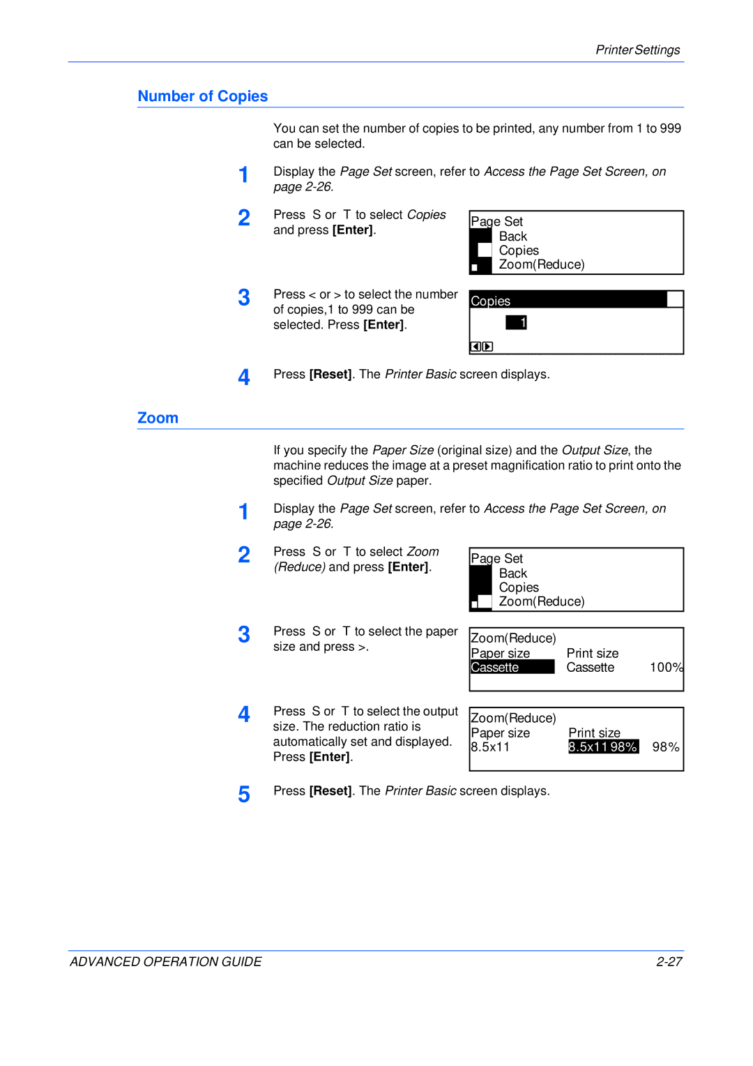 Epson KM-1650, KM-2050, KM-2550 manual Number of Copies, Zoom, Cassette 