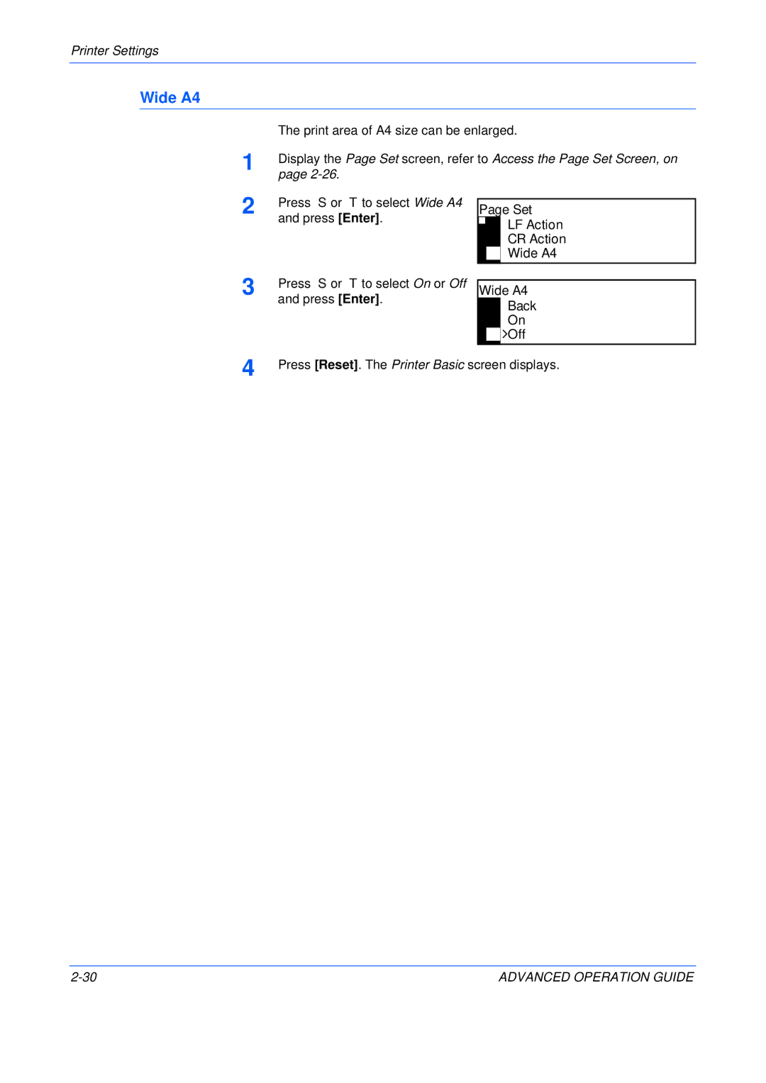 Epson KM-1650, KM-2050, KM-2550 manual Set LF Action CR Action Wide A4, Wide A4 Back Off 