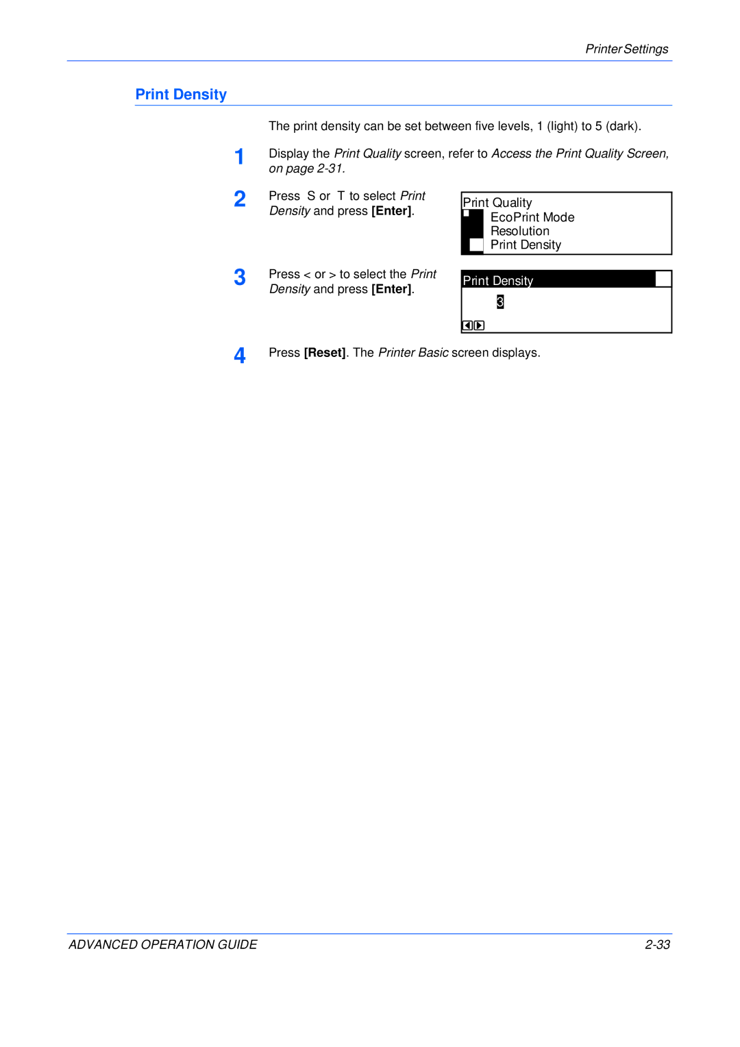 Epson KM-1650, KM-2050, KM-2550 manual Print Quality EcoPrint Mode Resolution Print Density 