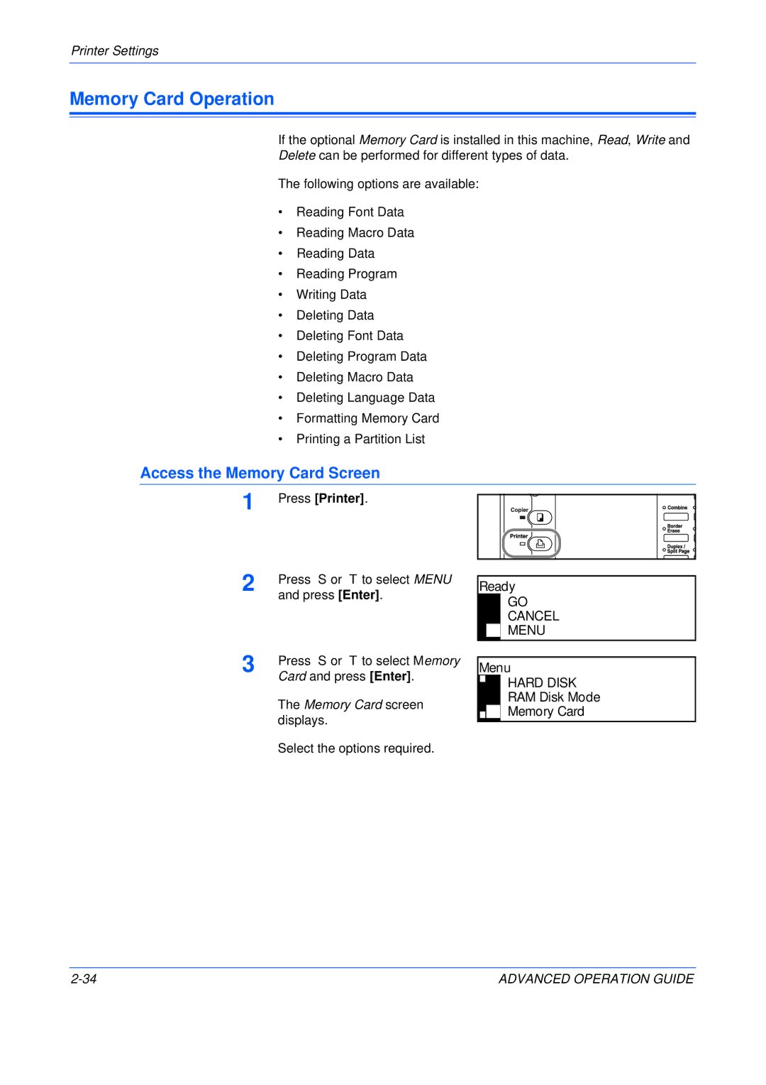 Epson KM-2550, KM-2050, KM-1650 manual Memory Card Operation, Access the Memory Card Screen, Menu, RAM Disk Mode Memory Card 