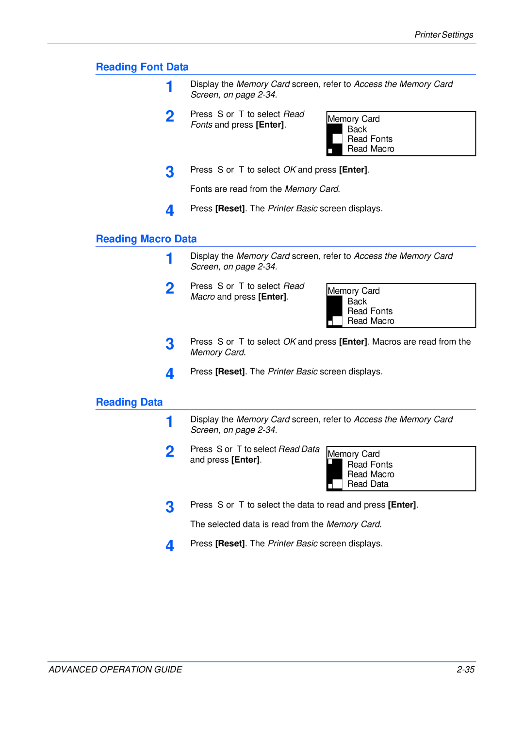 Epson KM-2050, KM-1650, KM-2550 Reading Font Data, Reading Macro Data, Reading Data, Memory Card Back Read Fonts Read Macro 