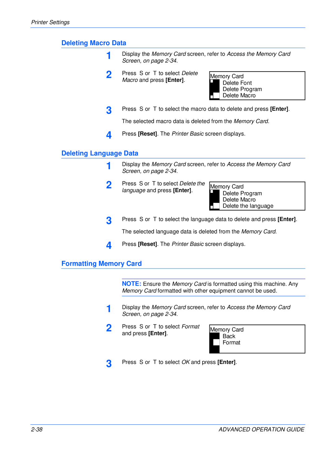 Epson KM-2050, KM-1650, KM-2550 manual Deleting Macro Data, Deleting Language Data, Formatting Memory Card 