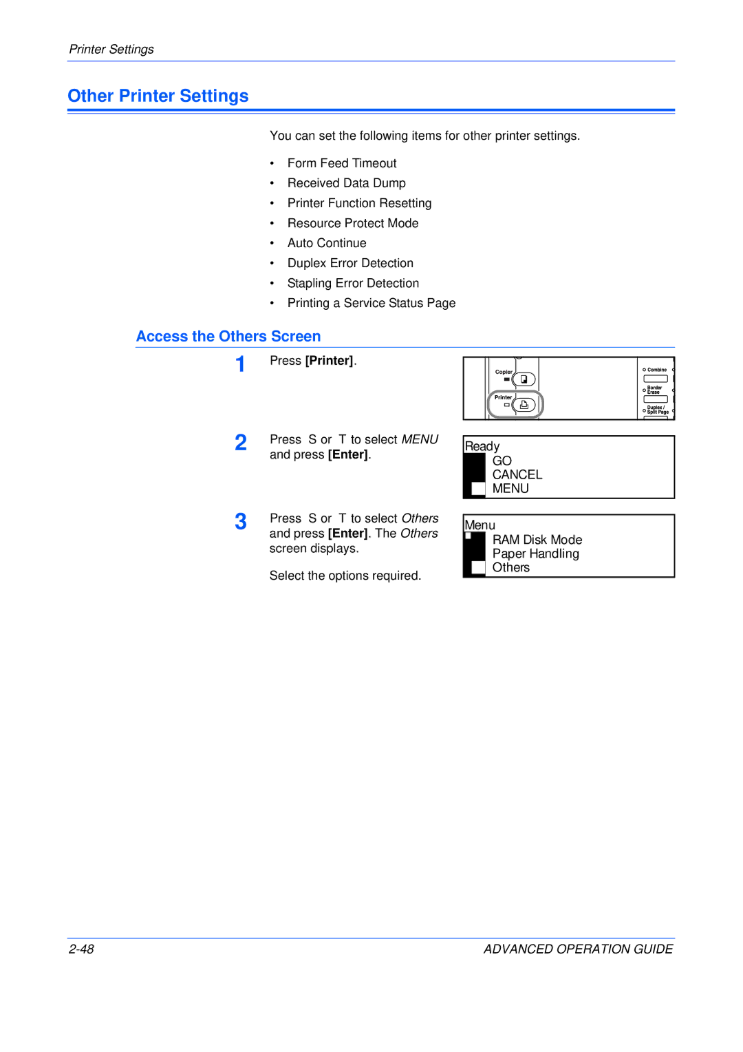 Epson KM-1650, KM-2050, KM-2550 Other Printer Settings, Access the Others Screen, Menu RAM Disk Mode Paper Handling Others 