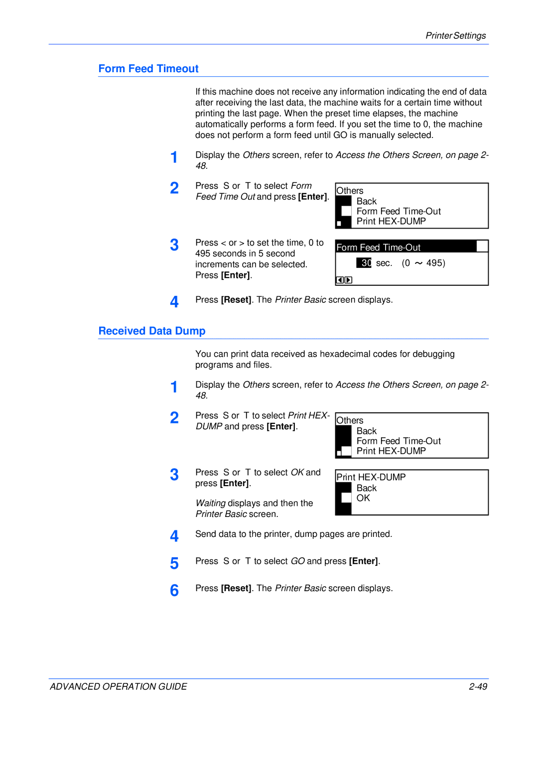 Epson KM-2550, KM-2050, KM-1650 Form Feed Timeout, Received Data Dump, Others Back Form Feed Time-Out Print HEX-DUMP, Sec 