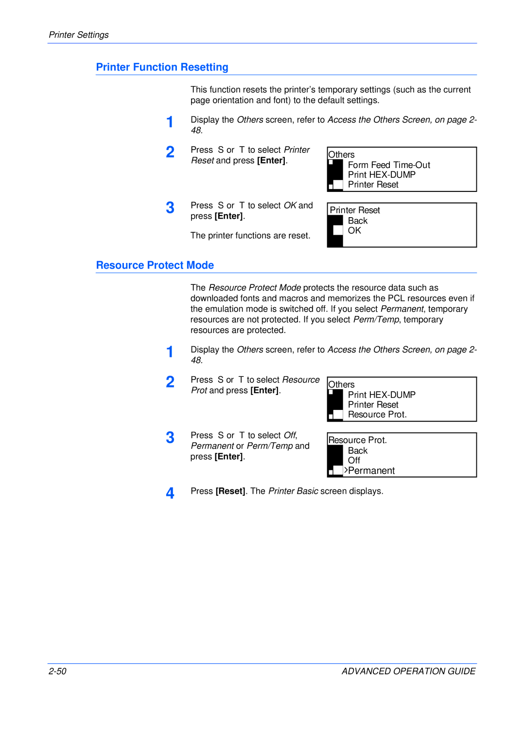 Epson KM-2050 Printer Function Resetting, Resource Protect Mode, Others Form Feed Time-Out Print HEX-DUMP Printer Reset 