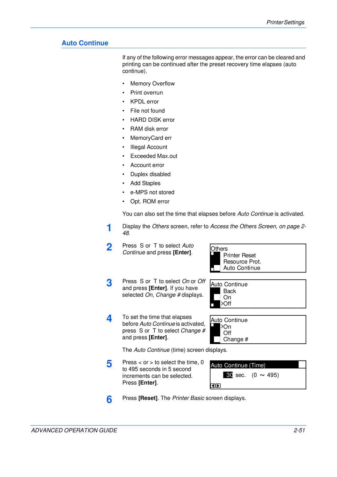 Epson KM-1650, KM-2050, KM-2550 manual Auto Continue Time, 30 sec 