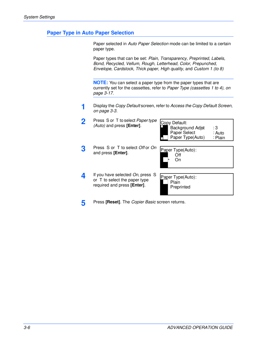 Epson KM-1650, KM-2050, KM-2550 manual Paper Type in Auto Paper Selection 