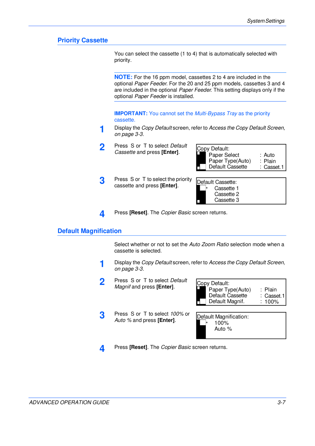Epson KM-2550, KM-2050, KM-1650 manual Priority Cassette, Default Magnification 