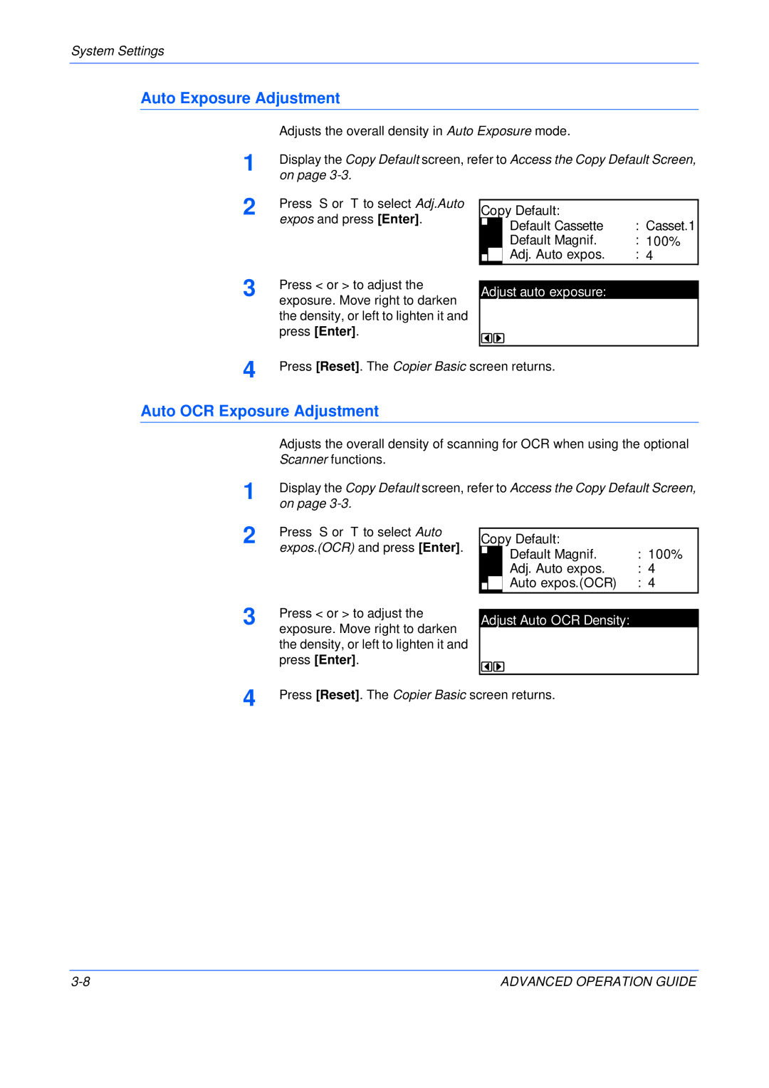 Epson KM-2050 manual Auto Exposure Adjustment, Auto OCR Exposure Adjustment, Adjust auto exposure, Adjust Auto OCR Density 