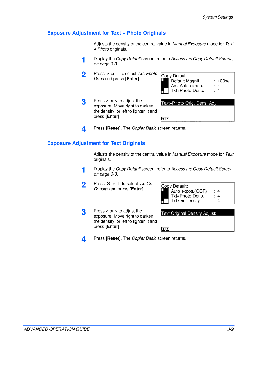 Epson KM-1650, KM-2050, KM-2550 manual Exposure Adjustment for Text + Photo Originals, Exposure Adjustment for Text Originals 