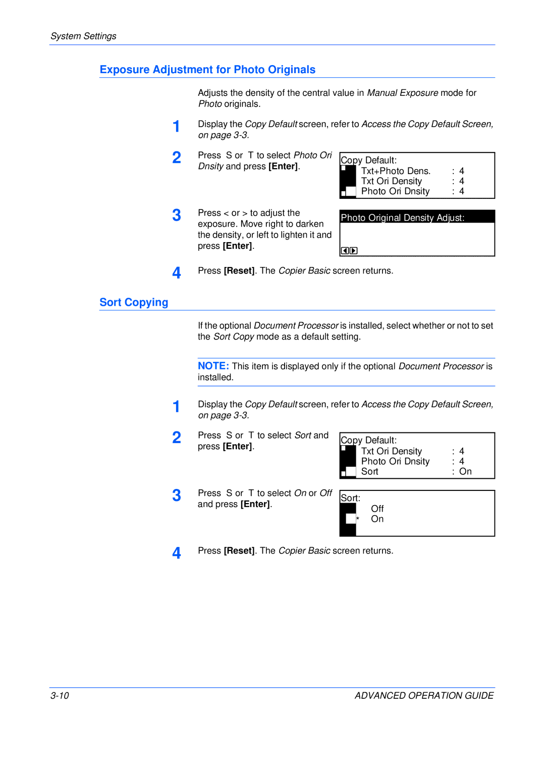 Epson KM-2550, KM-2050, KM-1650 manual Exposure Adjustment for Photo Originals, Sort Copying, Photo Original Density Adjust 