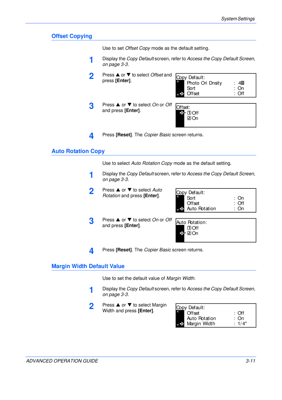 Epson KM-2050, KM-1650, KM-2550 manual Offset Copying, Auto Rotation Copy, Margin Width Default Value 