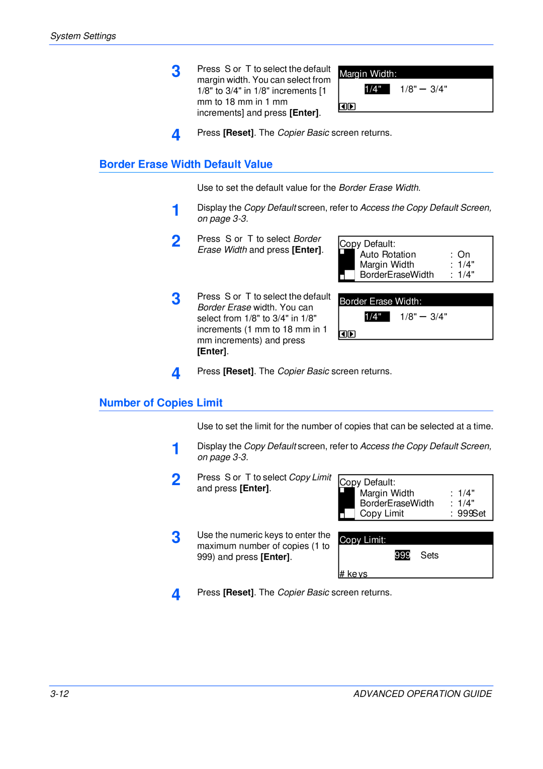 Epson KM-1650, KM-2050, KM-2550 manual Border Erase Width Default Value, Number of Copies Limit, Copy Limit 