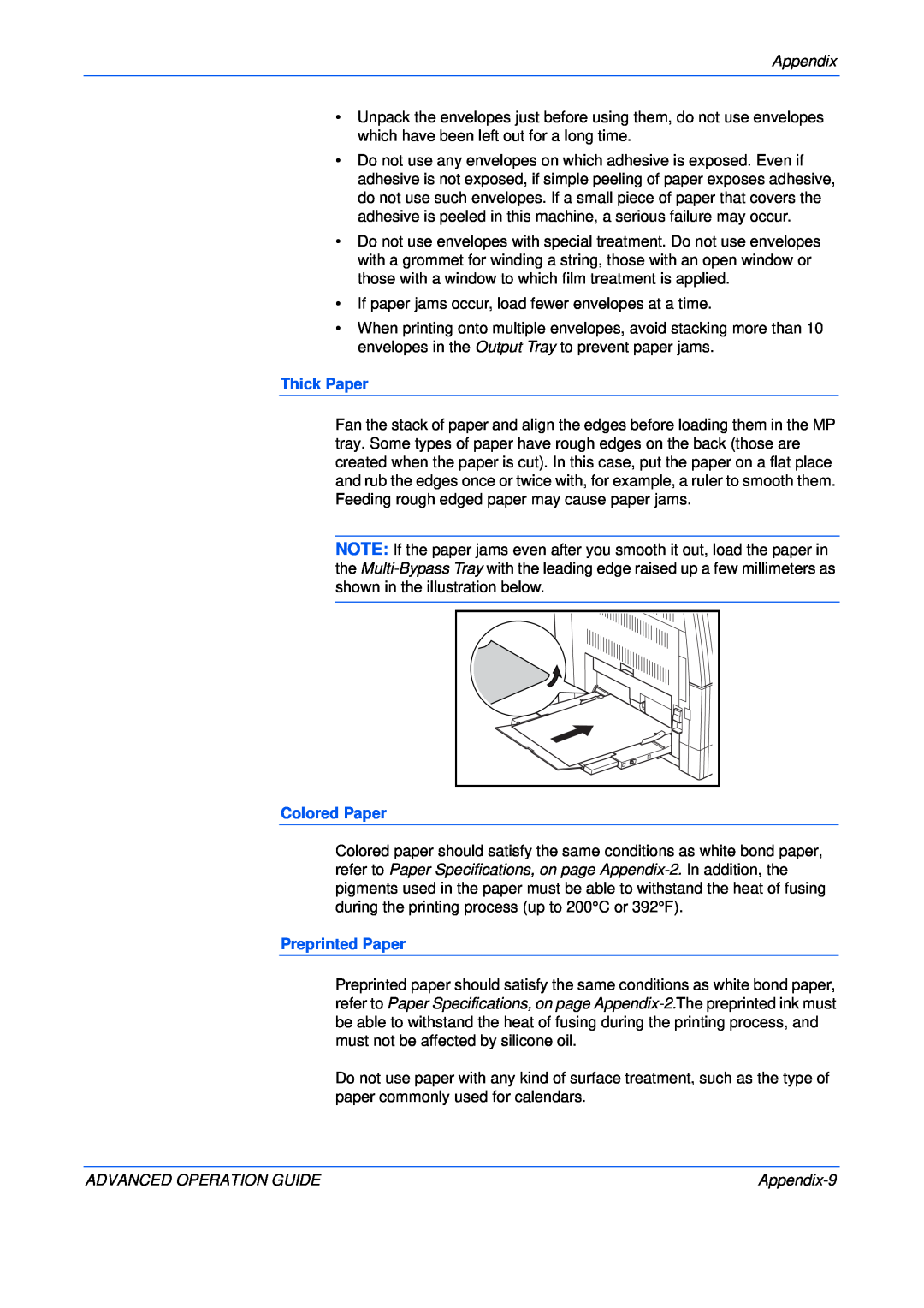 Epson KM-2050, KM-1650, KM-2550 manual Thick Paper, Colored Paper, Preprinted Paper, Advanced Operation Guide, Appendix-9 