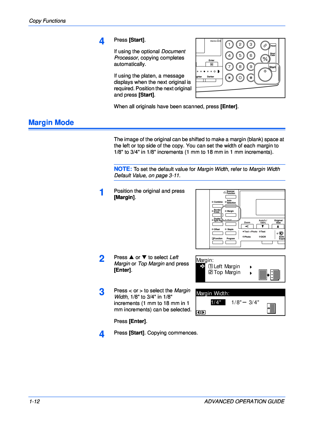 Epson KM-1650, KM-2050, KM-2550 manual Margin Mode, Margin Width, Copy Functions, Margin or Top Margin and press, Enter, 1-12 