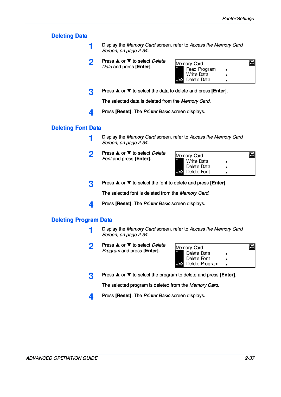 Epson KM-2550, KM-2050 Deleting Data, Deleting Font Data, Deleting Program Data, Printer Settings, Screen, on page, 2-37 