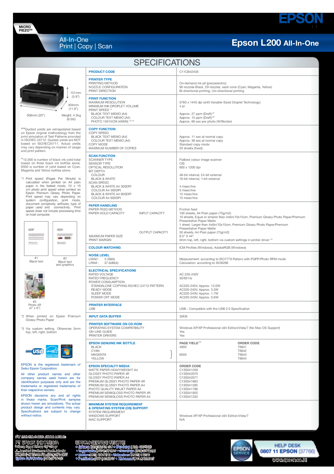 Epson warranty Epson L200 All-In-One, Specifications, Print Copy Scan, Micro Piezotm, Page Yield, Order CodE 