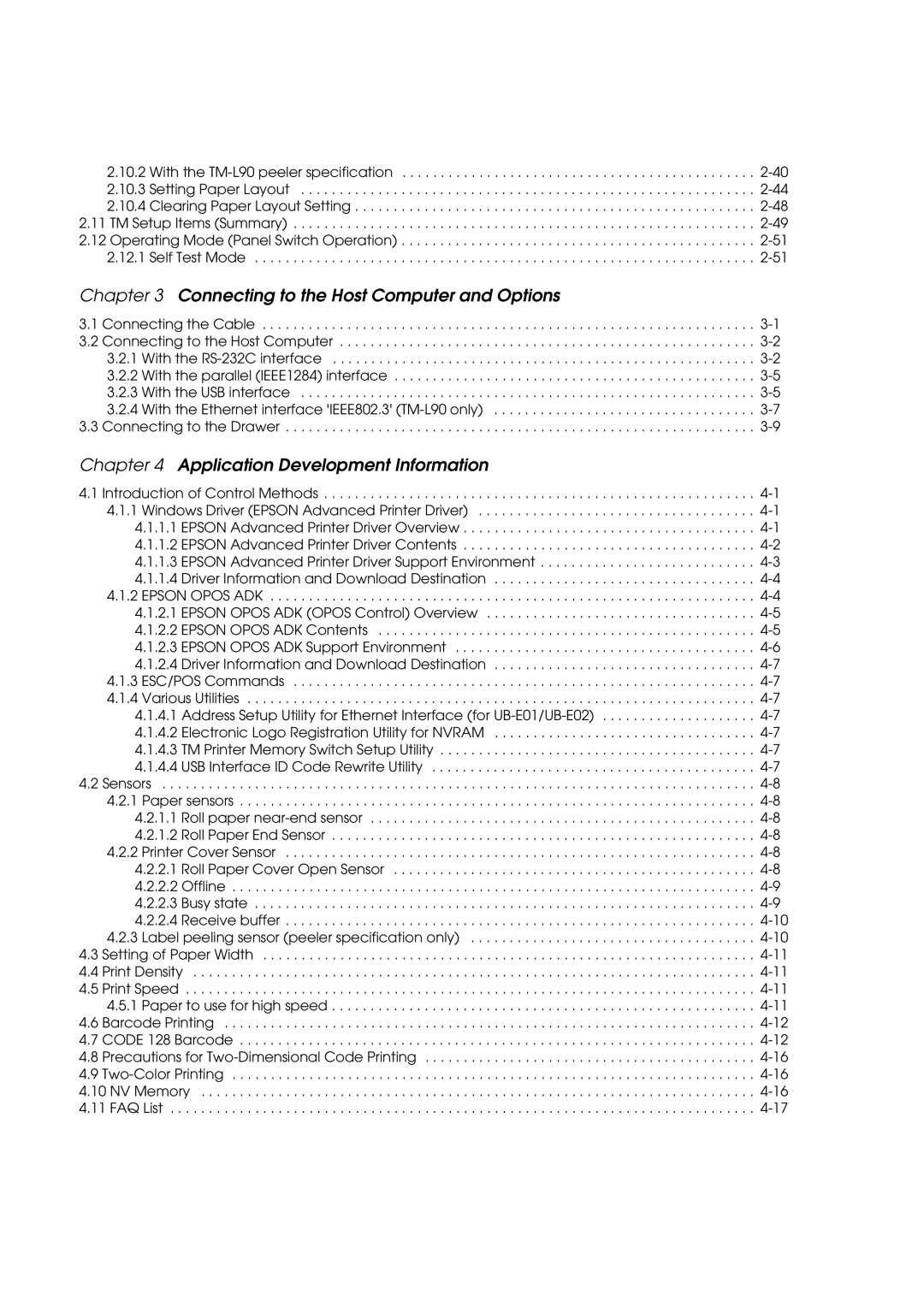 Epson L90 manual Connecting to the Host Computer and Options, Application Development Information 