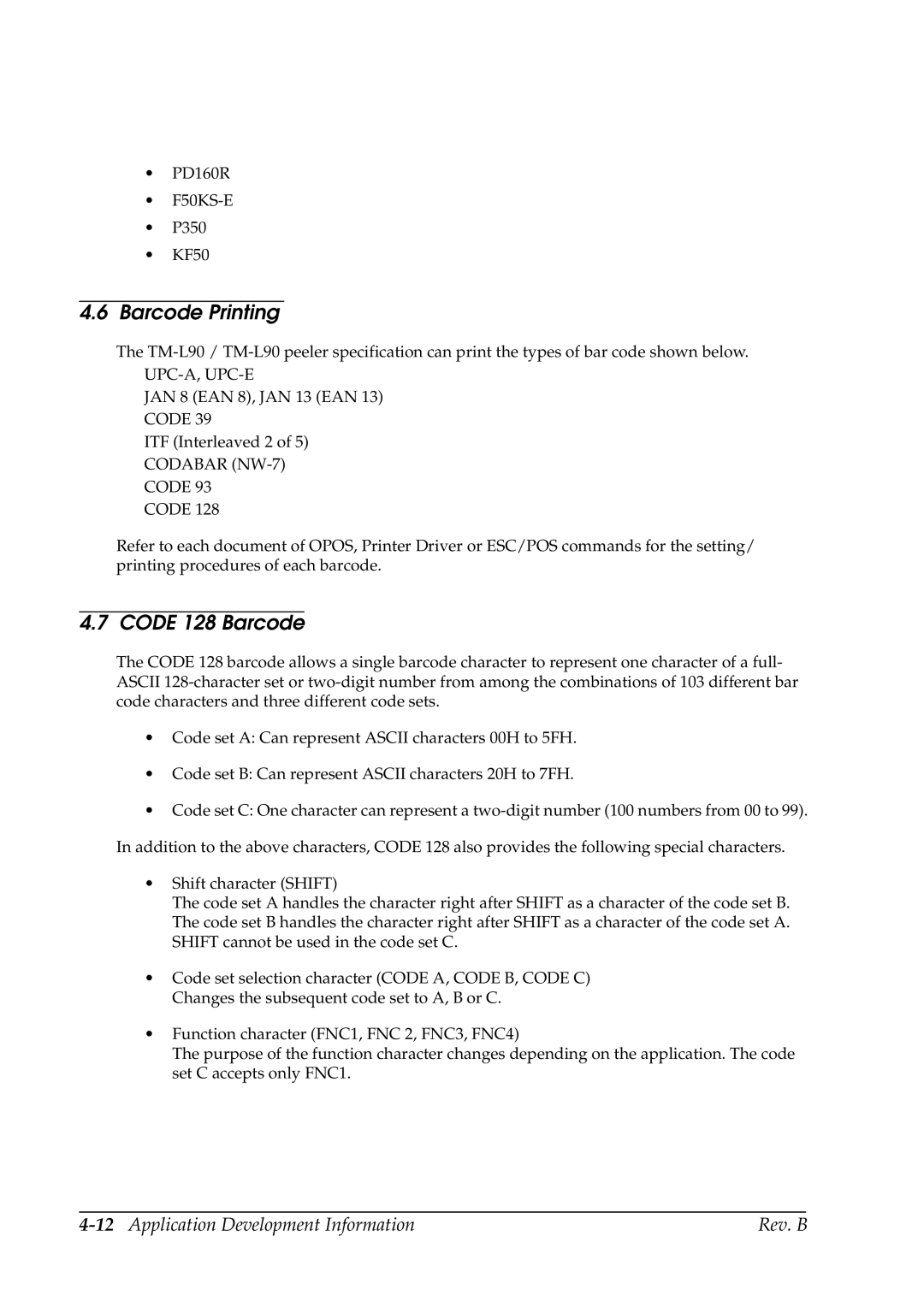 Epson L90 manual Barcode Printing, Code 128 Barcode, 12Application Development Information Rev. B 