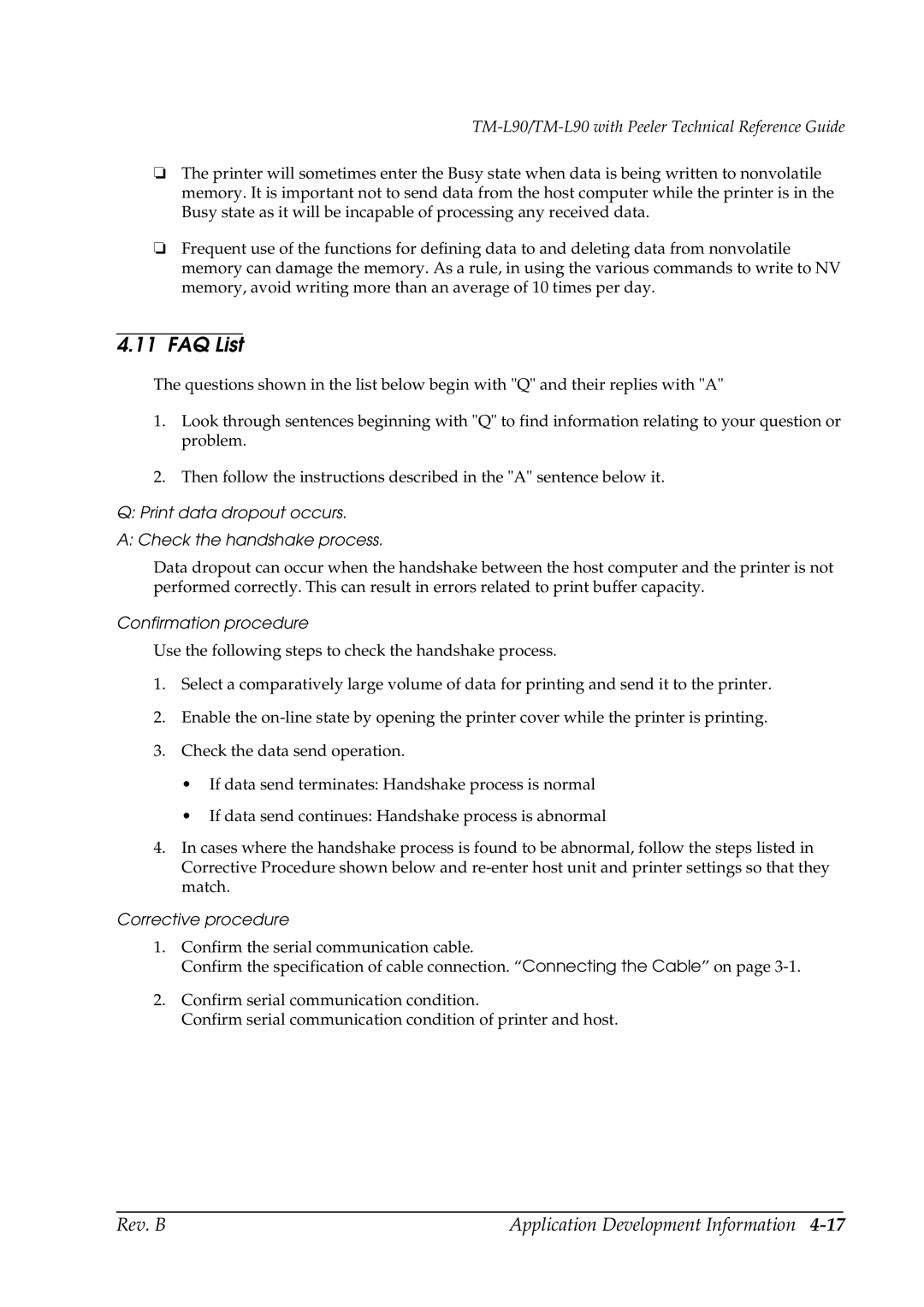 Epson L90 FAQ List, Print data dropout occurs Check the handshake process, Confirmation procedure, Corrective procedure 