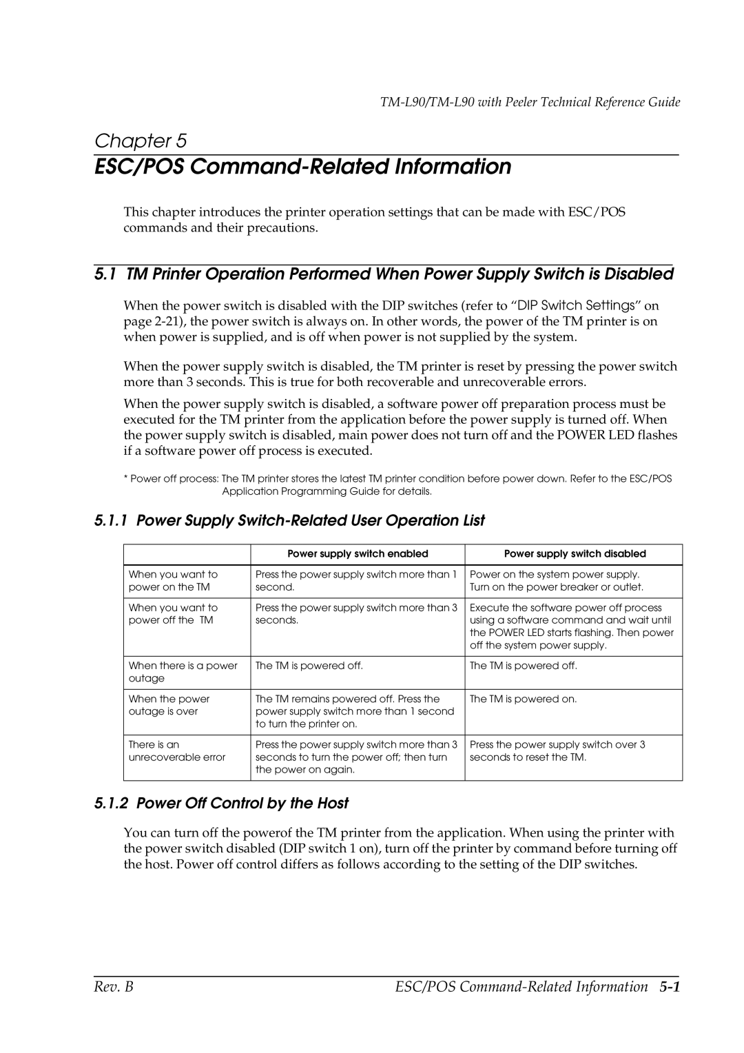 Epson L90 manual ESC/POS Command-Related Information, Power Supply Switch-Related User Operation List 