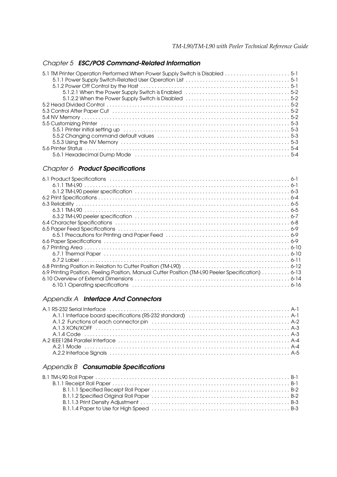 Epson L90 manual ESC/POS Command-Related Information, Product Specifications, Appendix a Interface And Connectors 