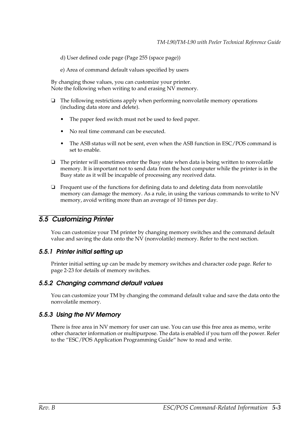 Epson L90 manual Customizing Printer, Printer initial setting up, Changing command default values, Using the NV Memory 