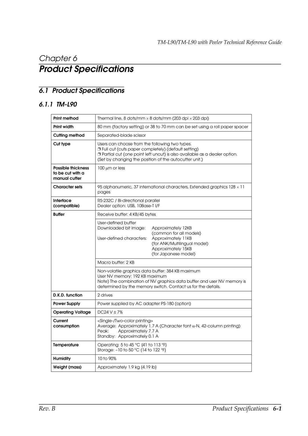 Epson manual Product Specifications, TM-L90 