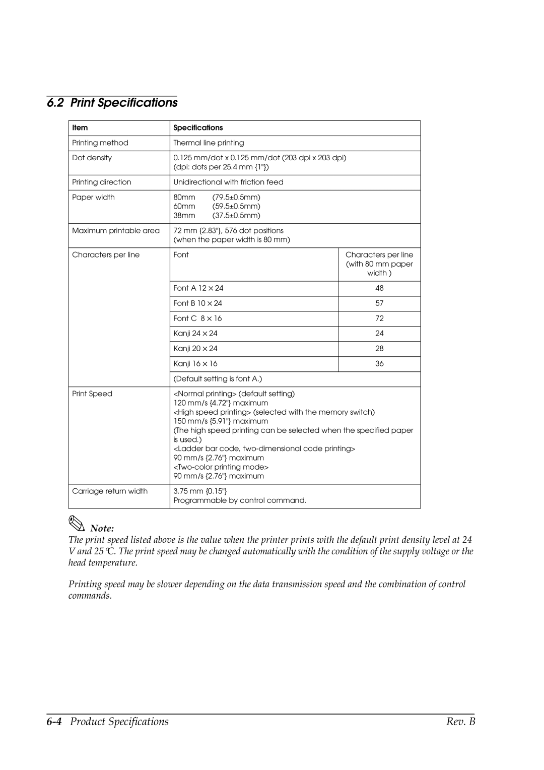 Epson L90 manual Print Specifications, 4Product Specifications Rev. B 