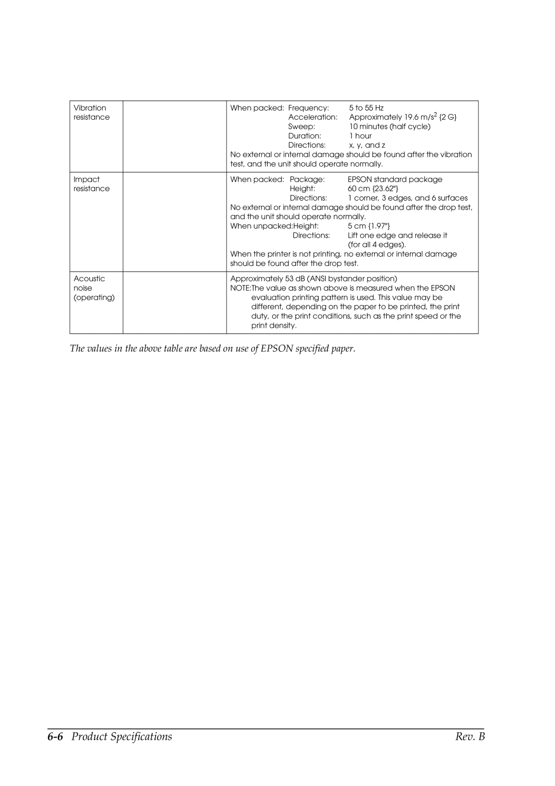 Epson L90 manual 6Product Specifications Rev. B 