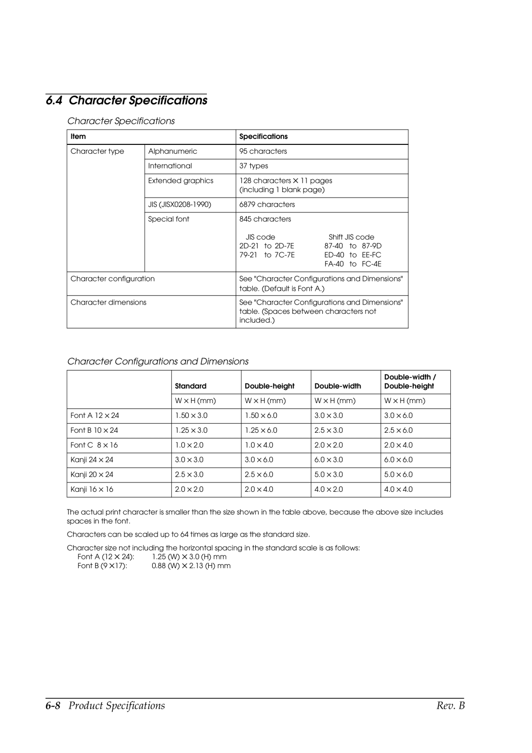 Epson L90 manual Character Specifications, 8Product Specifications Rev. B, Character Configurations and Dimensions 