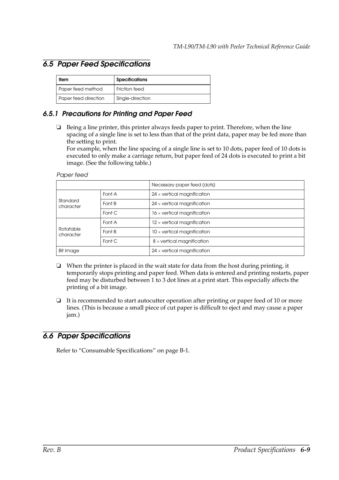 Epson L90 manual Paper Feed Specifications, Paper Specifications, Precautions for Printing and Paper Feed, Paper feed 