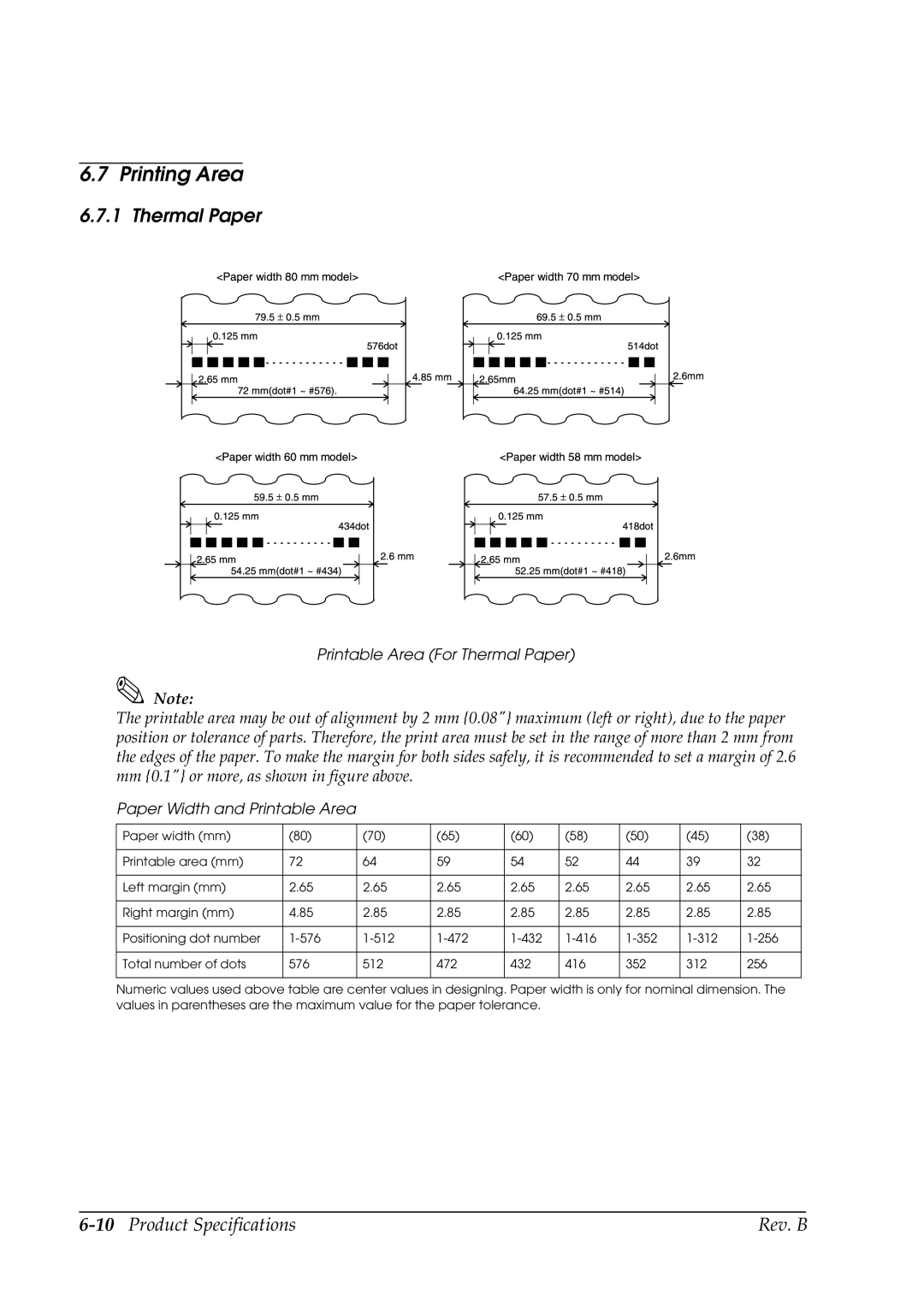 Epson L90 manual Printing Area, 10Product Specifications Rev. B, Printable Area For Thermal Paper 