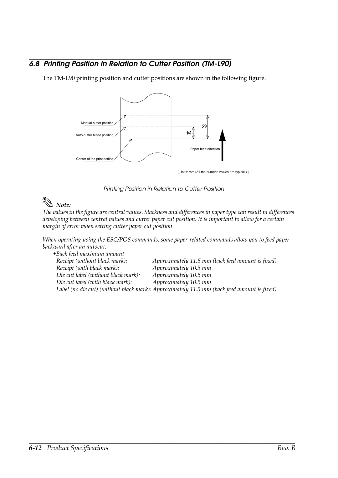 Epson manual Printing Position in Relation to Cutter Position TM-L90, 12Product Specifications Rev. B 