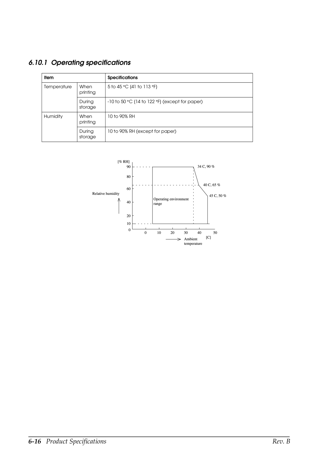 Epson L90 manual Operating specifications, 16Product Specifications Rev. B 