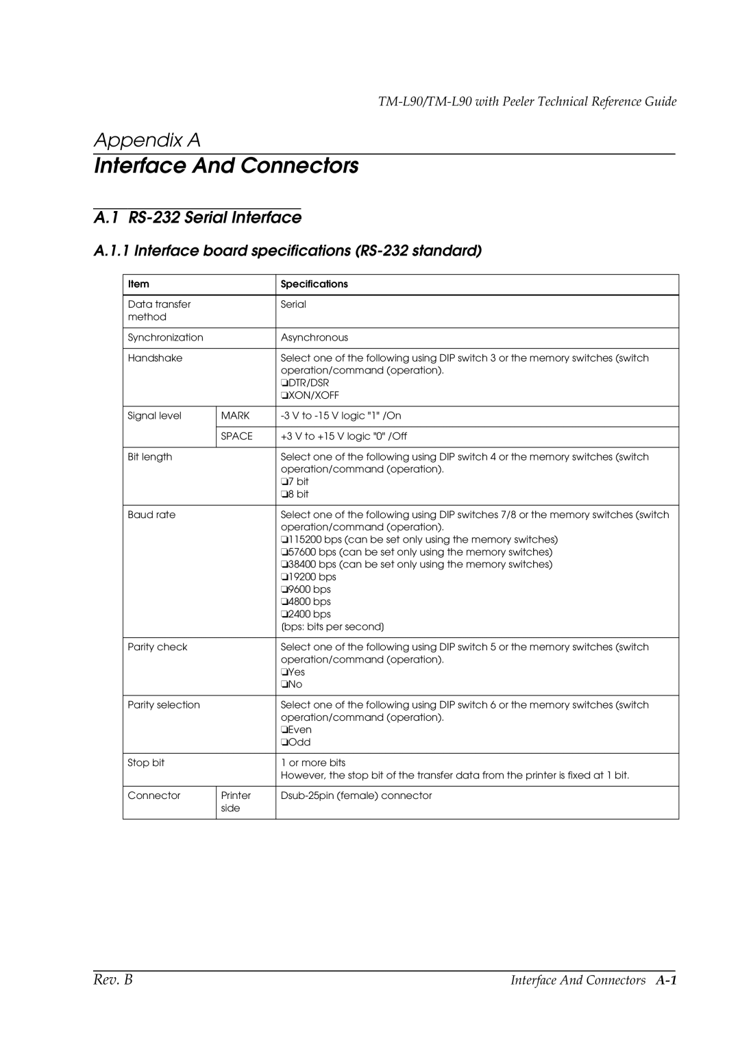 Epson L90 manual Interface And Connectors, RS-232 Serial Interface, Interface board specifications RS-232 standard 