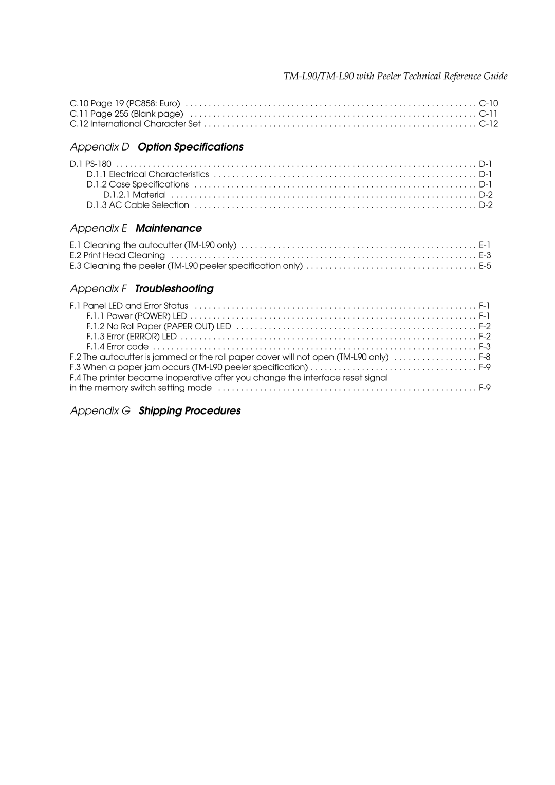 Epson L90 manual Appendix D Option Specifications, Appendix E Maintenance, Appendix F Troubleshooting 