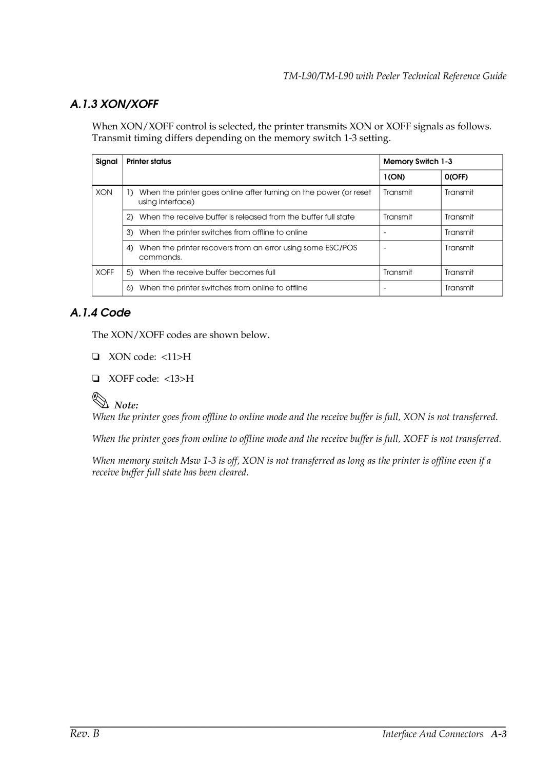 Epson L90 manual 3 XON/XOFF, Code 