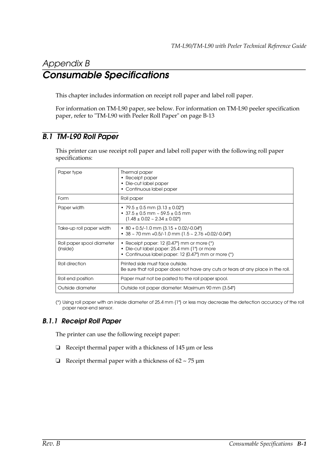 Epson manual Consumable Specifications, TM-L90 Roll Paper, Receipt Roll Paper 