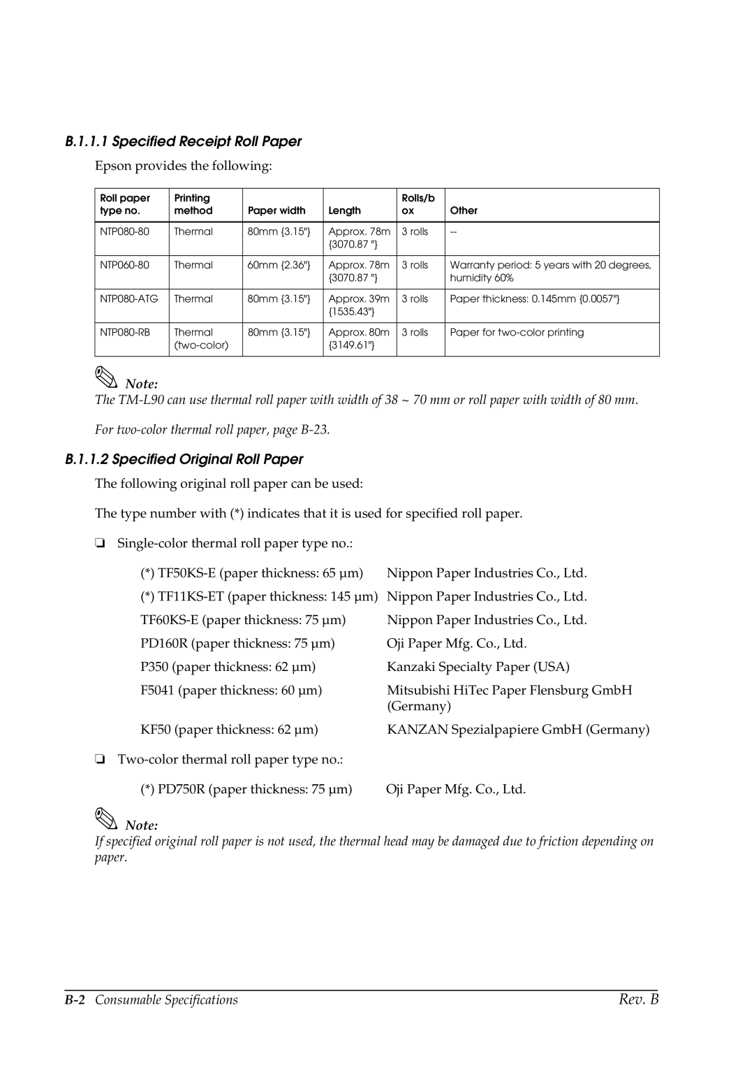 Epson L90 manual Specified Receipt Roll Paper, Specified Original Roll Paper 