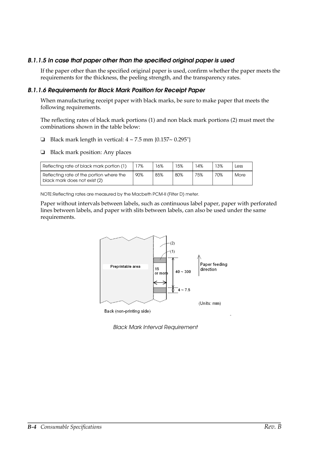 Epson L90 manual Requirements for Black Mark Position for Receipt Paper, Black Mark Interval Requirement 