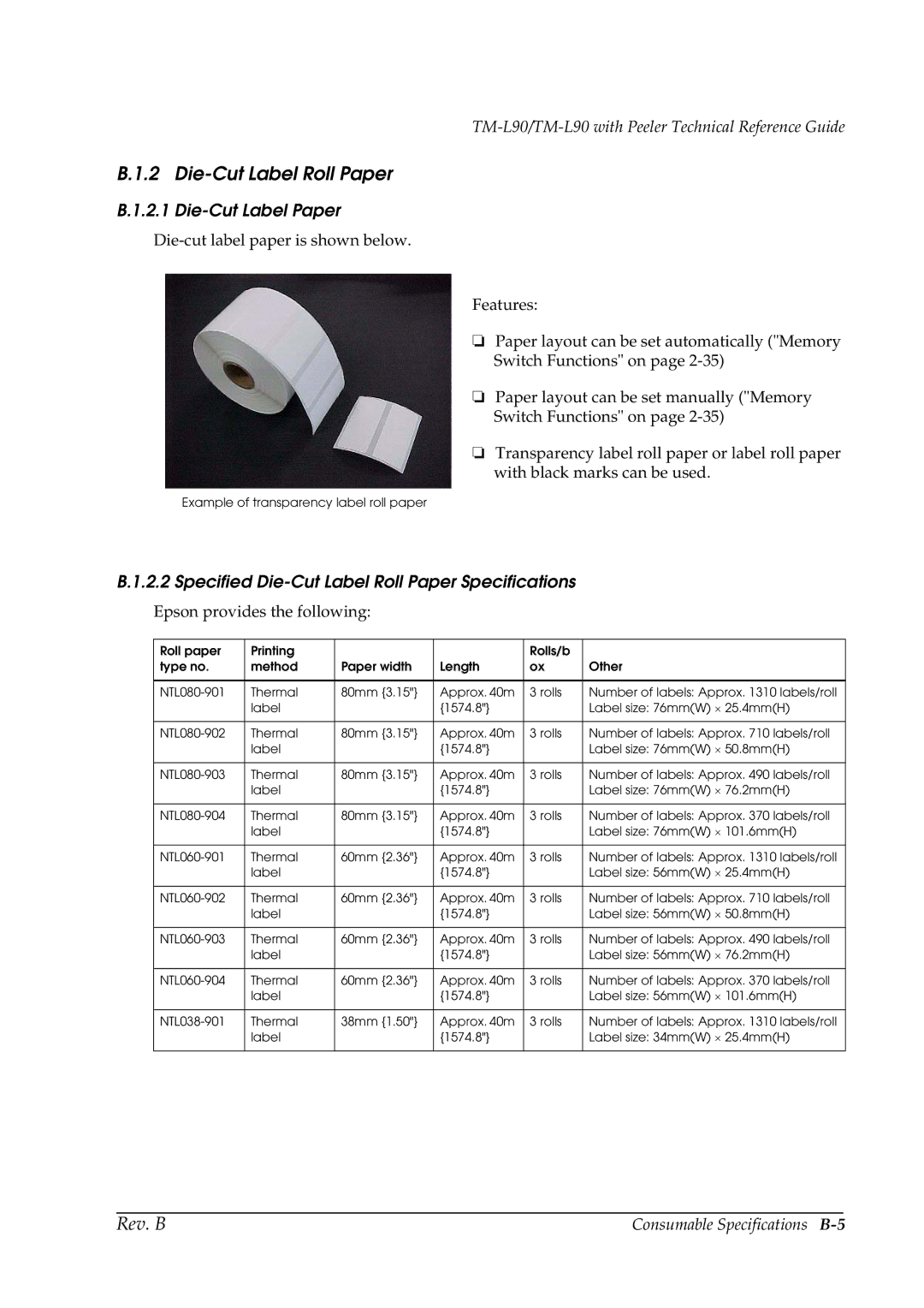 Epson L90 manual Die-Cut Label Paper, Specified Die-Cut Label Roll Paper Specifications 