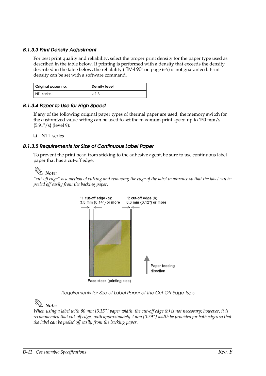 Epson L90 manual Print Density Adjustment, Requirements for Size of Continuous Label Paper 