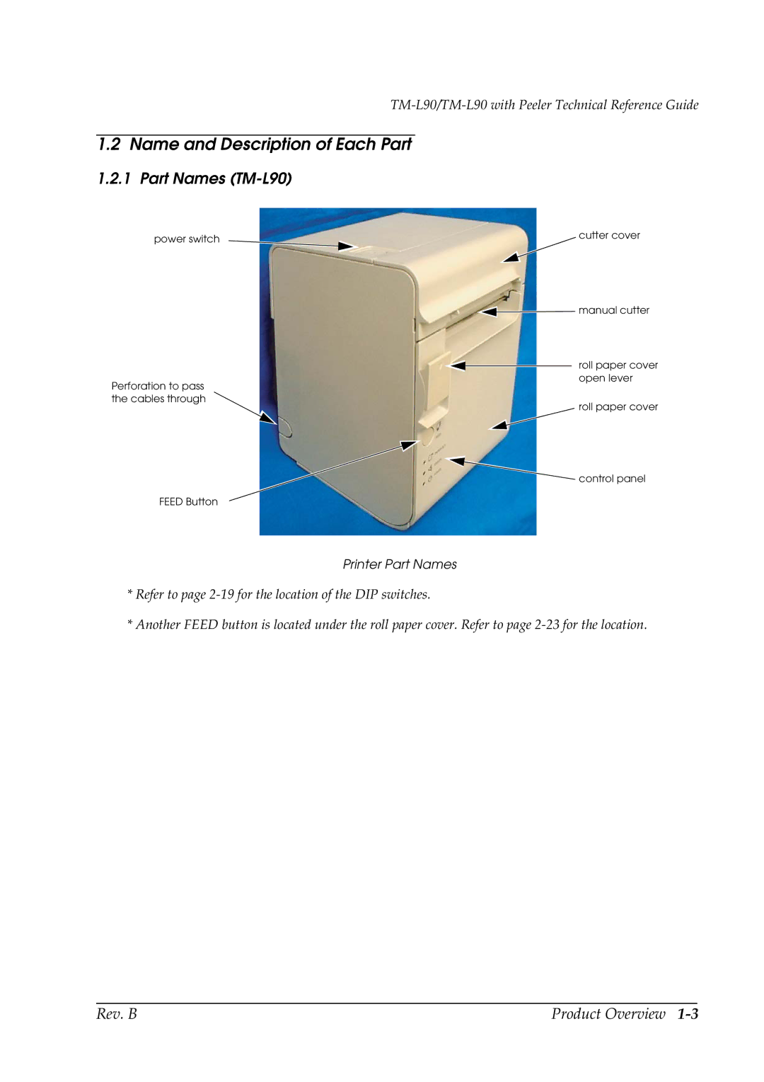 Epson manual Name and Description of Each Part, Part Names TM-L90, Printer Part Names 