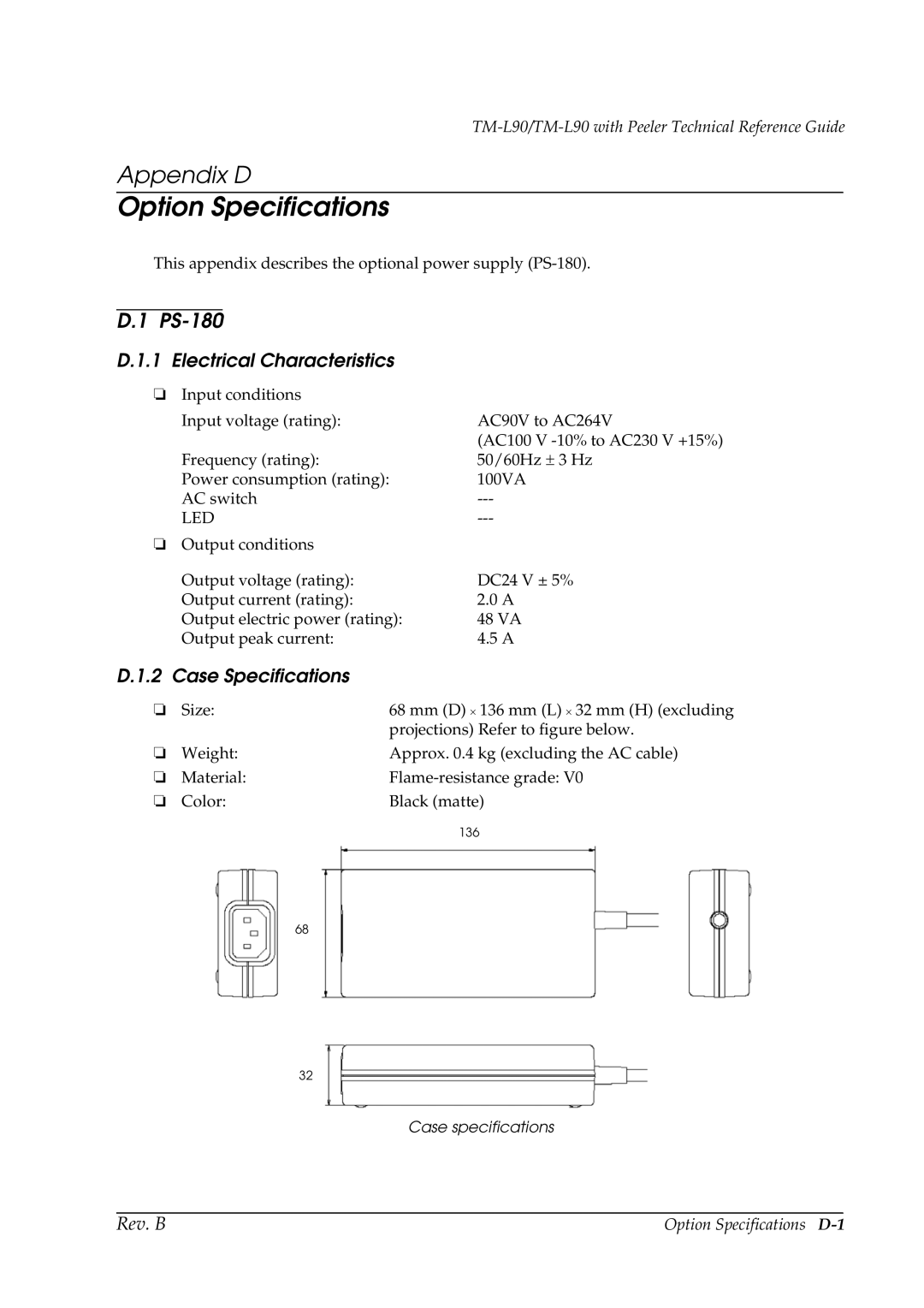 Epson L90 manual Option Specifications, PS-180, Electrical Characteristics, Case Specifications, Case specifications 